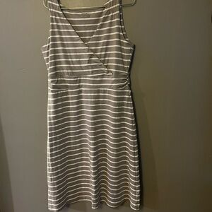 Eddie Bauer Taupe and White Striped Sleeveless Wrap Dress